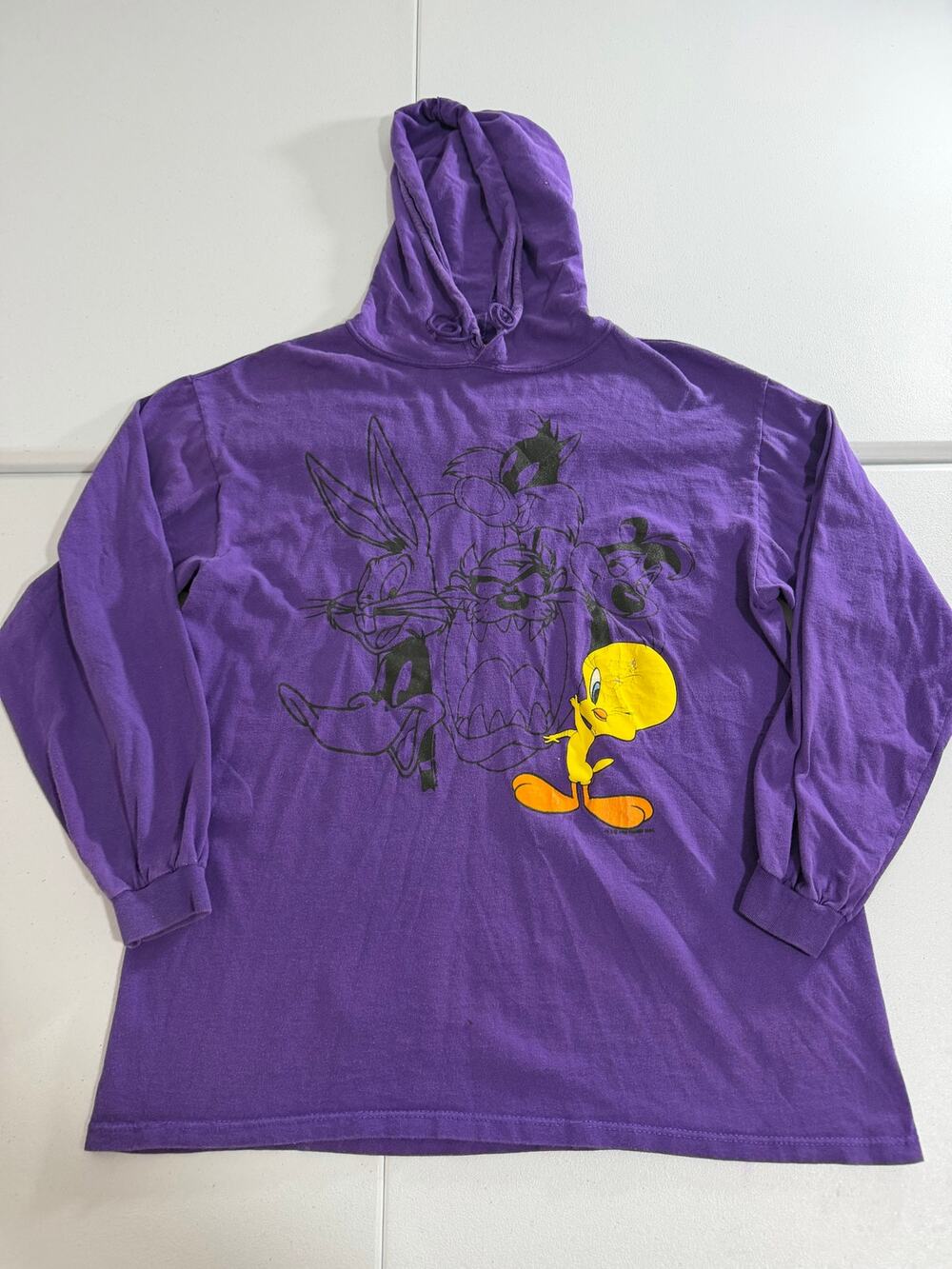Vintage Looney Tunes Hoodie Bugs Bunny Tweety Taz Purple Sz L 90s